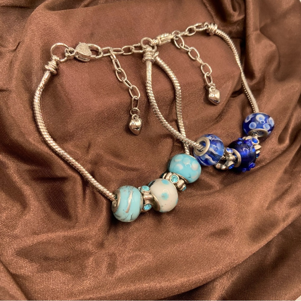 Set of 2 Handmade Silver Blue Tones Beads Bracelets